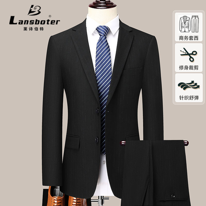 Bộ vest nam công sở giả len xẻ tà sau, áo vest một hàng hai nút dáng thon, phù hợp đi làm và dự tiệc cưới — Màu đen