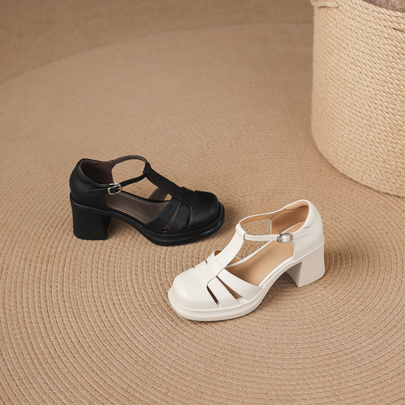 Sandal nữ cao gót phong cách La Mã, mũi kín gót kín, đế dày da bò, gót 7 cm — đen chi tiết 22