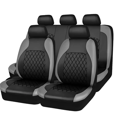 Cross-border foreign trade car seat cover rhombus quilted embroidered full leather artificial leather pu Europe, America and the Middle East four seasons universal seat cushion (Universal seat cover) - gray-50130
