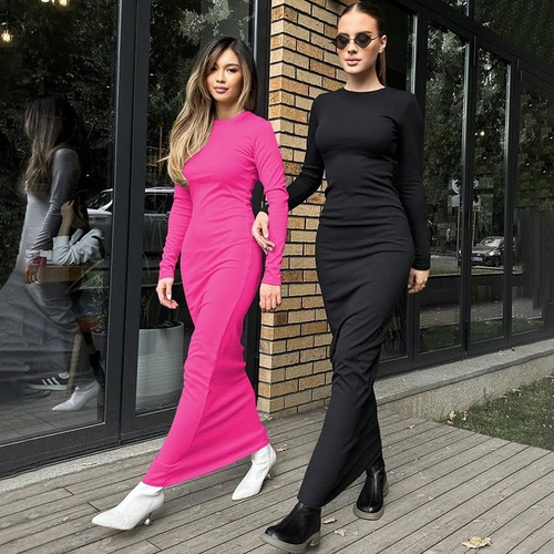 2023 Autumn and Winter New European and American Fashion Personal Wear Royal Sister Style Round Neck Long Sleeve Hip Covering One Step Long Dress