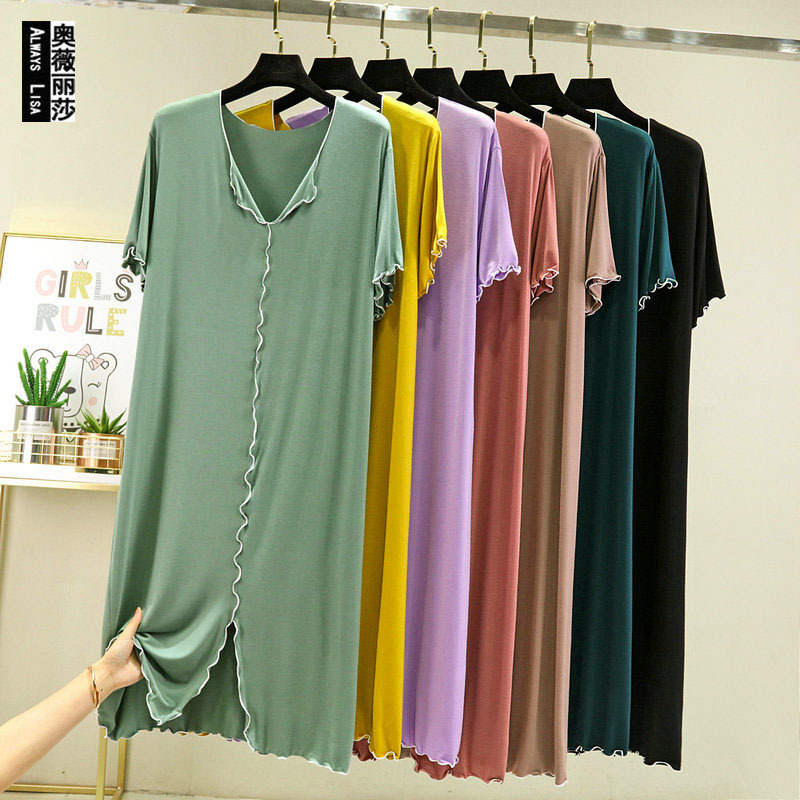 Summer 2022 modal V-neck short-sleeved fungus flying edge dress plus size loose thin home nightdress for women