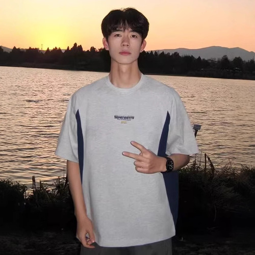Trendy fashion brandless American retro heavy pure cotton patchwork color-blocking men's T-shirt with a charming, lazy, Japanese-style vibe