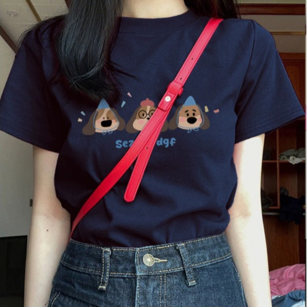 American-Style Sweet and Cute Puppy Print Short-Sleeve T-Shirt for Women, Summer New Chic and Super Stylish Slim-Fit Round-Neck Top