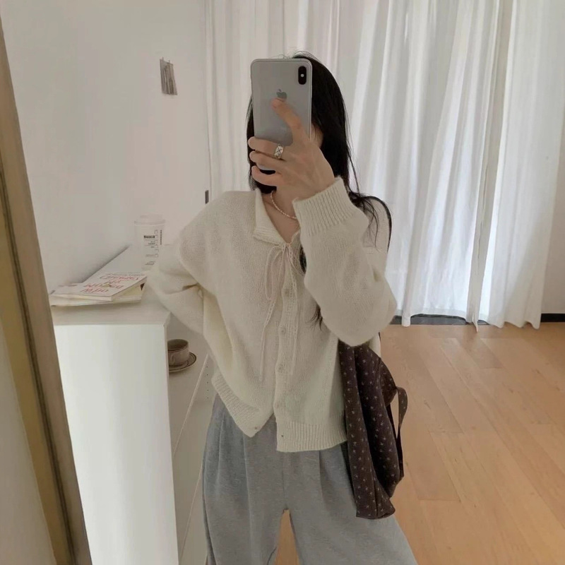 韩系系带蕾丝翻领毛衣小外套女秋冬新款纯色百搭软糯针织开衫|undefined
