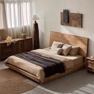 Wabi-Sabi Style Solid Wood Double Bed B&B Hotel Tatami Retro Low Bed Chinese Style Home Bedroom Double Bed