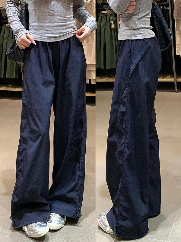 藏青色休闲裤女2025新款夏季高腰显瘦冰丝阔腿裤慵懒风速干工装裤|undefined