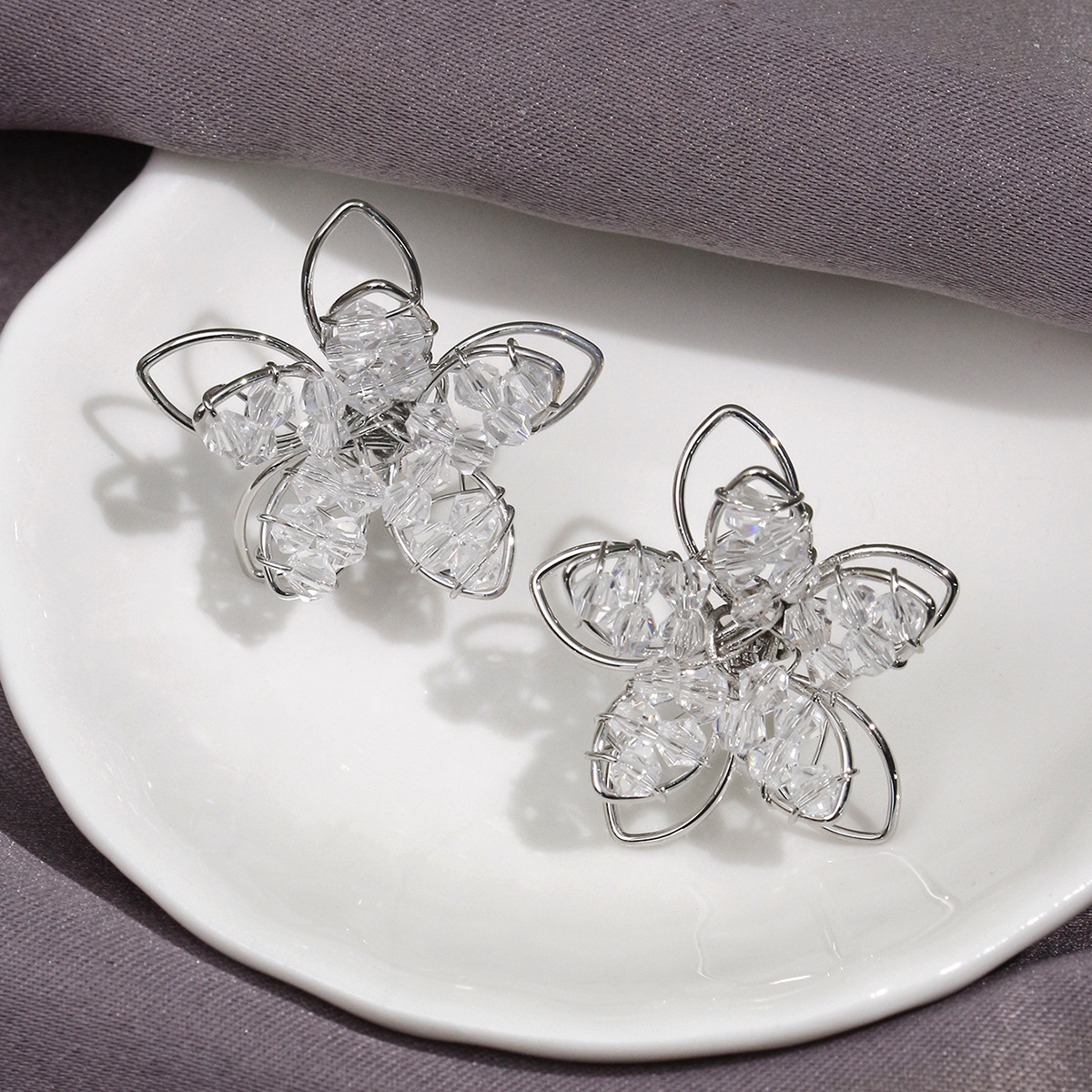 10g Weight Iron Ear Needle Material 1 Pair Elegant Streetwear Flower Plating Artificial Crystal Iron Ear Studs