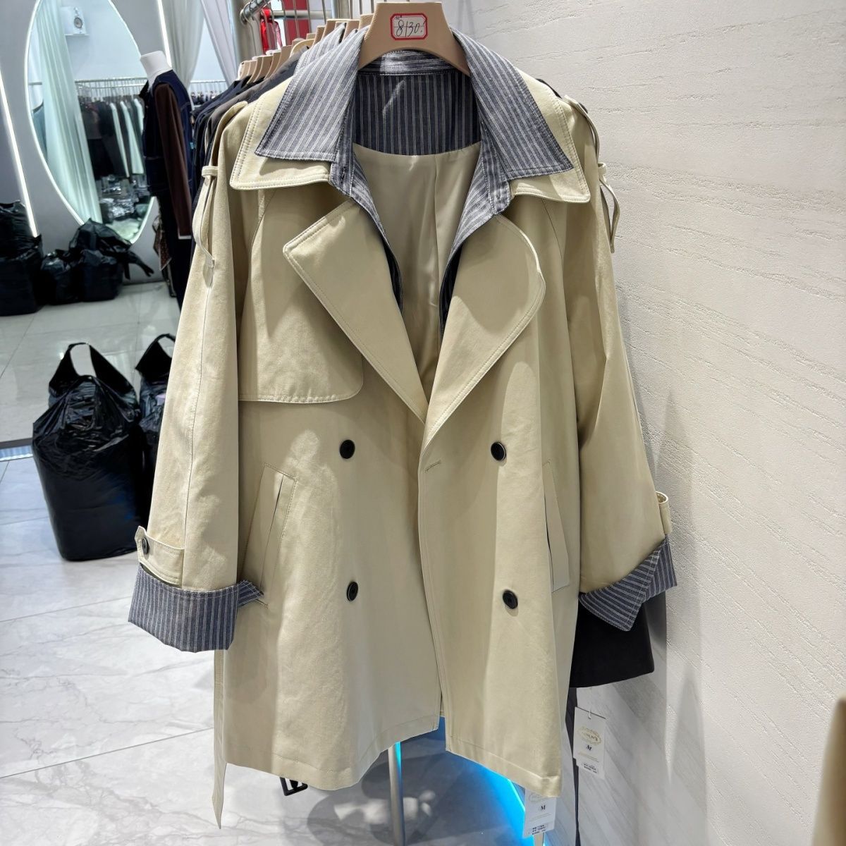 Damen Trenchcoat Gestreift Im Patchwork Design Mittellang_voghion.com