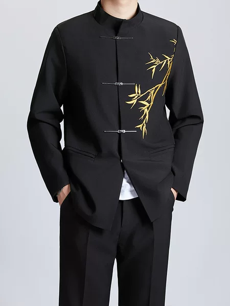 New Chinese-Style Men's Suit with Gold Bamboo Embroidery, Zhongshan-Style Performance and Wedding Attire, Traditional Casual Blazer