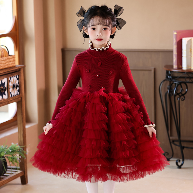 Suéter de las niñas vestido de otoño e invierno Bebé estilo occidental estilo de Chanel tocando fondo de punto de lana forrada princesa mullido hilado pastel falda