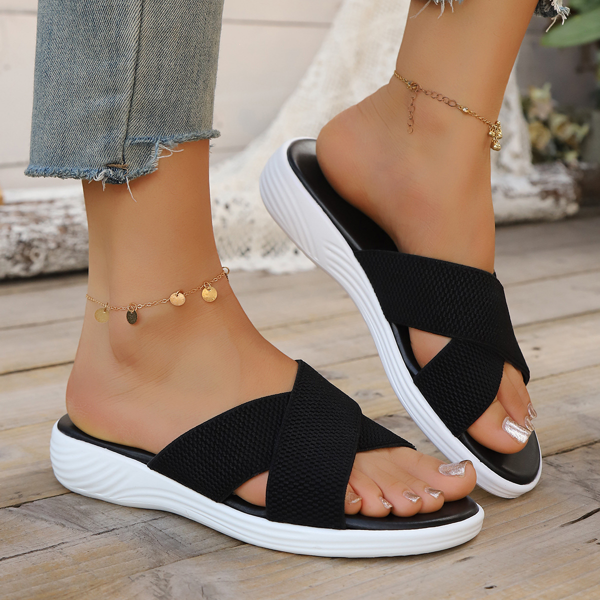 Women's Cross Strap Wedge Sandals Summer European American Style Solid Color Fabric Casual Beach Sandals Size 43_voghion.com