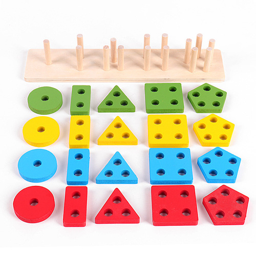 Cross-border wooden building blocks four sets of columns geometric set of columns children's Montessori early education shape matching color cognitive toys