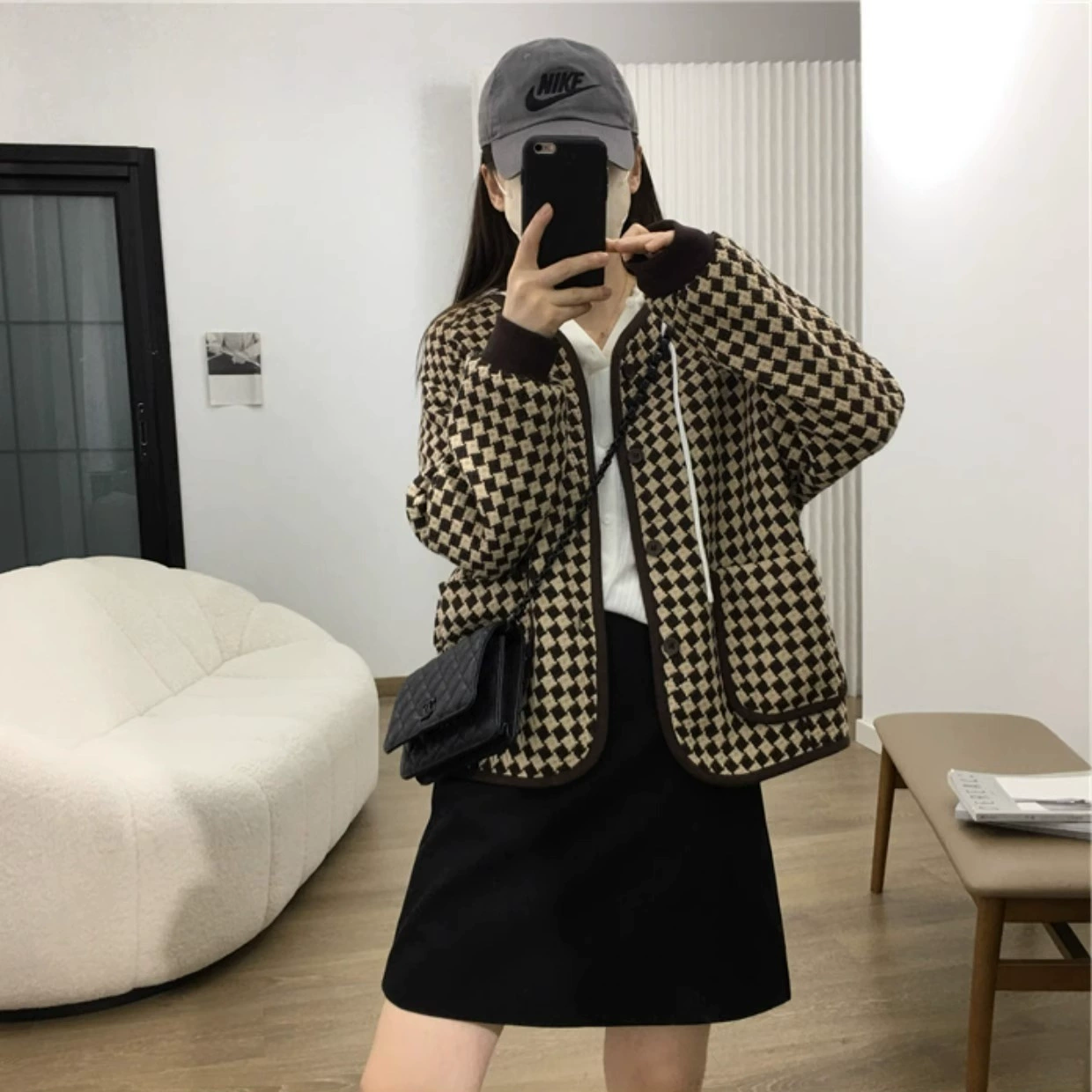 Маленькое пальто в стиле Шанель, женская короткая верхняя одежда в ломаную клетку, модная Высококачественная Свободная верхняя одежда в Корейском стиле, 2023, осень и зима, модный топ