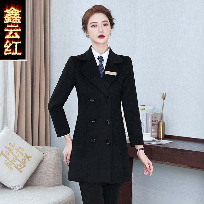 职业装羊毛呢子外套女秋冬毛料物业长款大衣酒店前台售楼部工作服