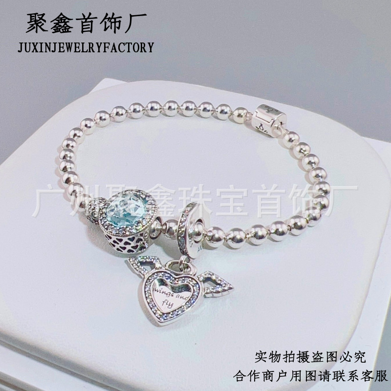 Pandora S925 sterling silver bracelet shining ice crystal blue angel wings bracelet female bead chain diy for girlfriend