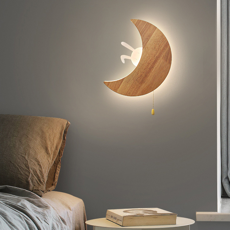 Children's room wall lamp creative log moon corridor lamp aisle lamp cable switch Japanese style solid wood bedroom bedside lamp