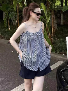 Vacation Style Striped Ruched Camisole for Women 2025 Summer New Single-Breasted Ruffled Loose Sleeveless Top