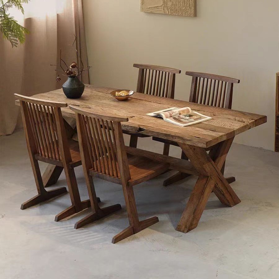 New Chinese-Style Solid Wood Dining Table and Chairs, Old Elm Large Board Table, Weathered Board, Retro Long Table, B&B Old Tea Table