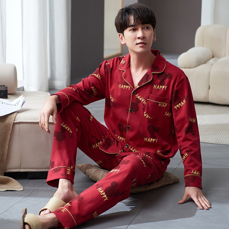 Otoño de los hombres recién casados de algodón de manga larga de color rojo brillante ropa para el hogar cardigan festivo de algodón puro más el traje de tamaño pijama de los hombres