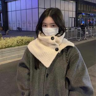 Solid Color Knitted Wool with Wool Button Neck Scarf for Women Autumn and Winter Korean Style Warm Neck Protection Shawl Scarf
