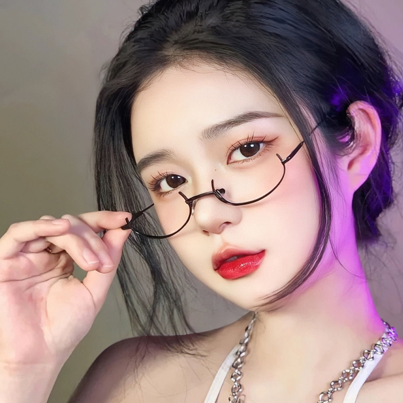 Trendy Lower Half-Frame Glasses for Women, Japanese Style, Frameless, Anime-Style Decorative Metal Eyeglass Frames for Women, Tiktok Live Trendy Lower Half-Frame Glasses for Women, Japanese Style, Frameless, Anime-Style Decorative Metal Eyeglass Frames for Women, Tiktok Live