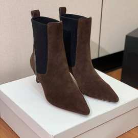 2023欧美秋冬新款复古百搭细跟尖头中筒靴真皮切尔西靴穆勒短靴女