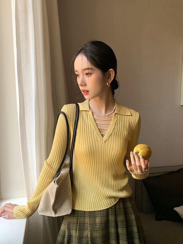 衣尔衫 小情歌 羊毛设计感V字翻领针织衫女正肩秋季纯色坑纹0562|undefined