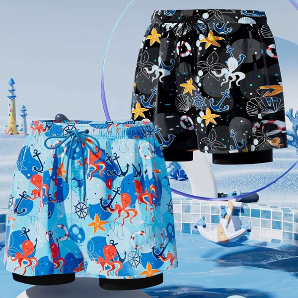 Children's Swimming Trunks, Boys' Professional Quick-Drying Swimsuits, Medium and Large Kidsren's Double-Layer Anti-Embarrassment Cartoon Boys' Swimming Training Equipment