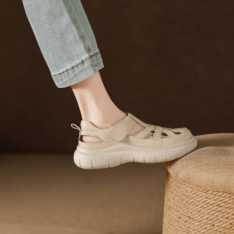 Sandal nữ đế dày da cừu phối quai ngang phong cách học đường — màu đen, màu trắng ngà chi tiết 68