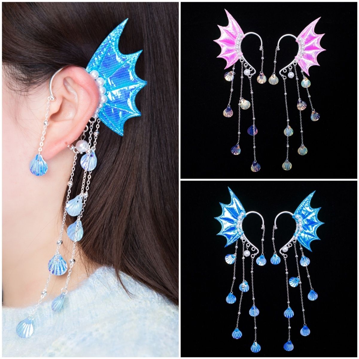 Mermaid ear clips, children's ear accessories, mermaid hair clips, tassel elf Hanfu accessories, cross-border earrings