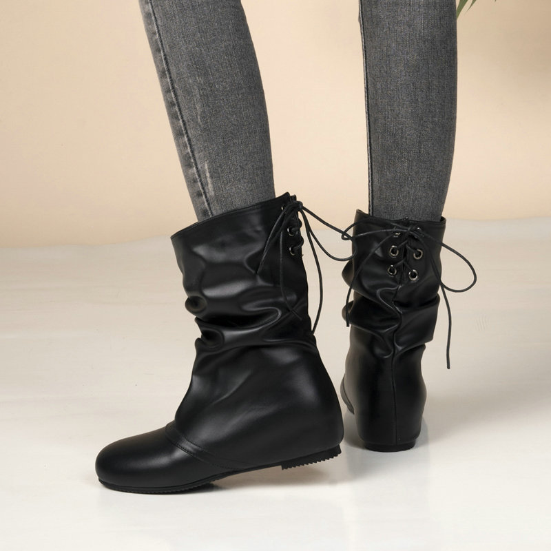 Women's Short Boots Black White Inner Heightening and Nude Boots Wedge Heel Mid-Heel Back Lace-Up Mid-Calf Boots Fashionable Boots for Women