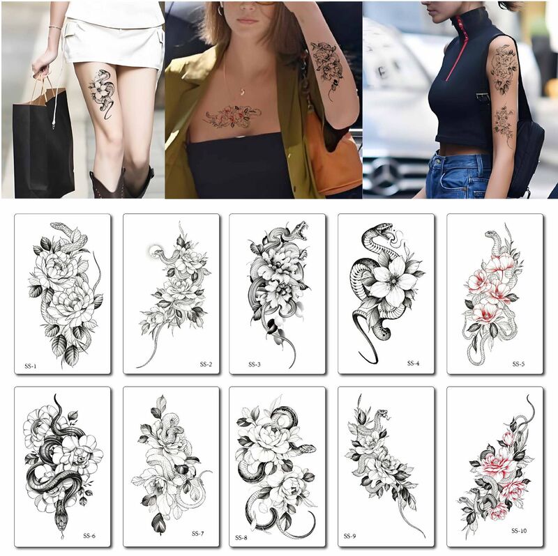 Cross-Border New Product Snake Tattoo Stickers, Green Snake, Flower Snake, Street Style Snake, Realistic Tattoo, Waterproof Quick-Release Temporary Tattoo Stickers