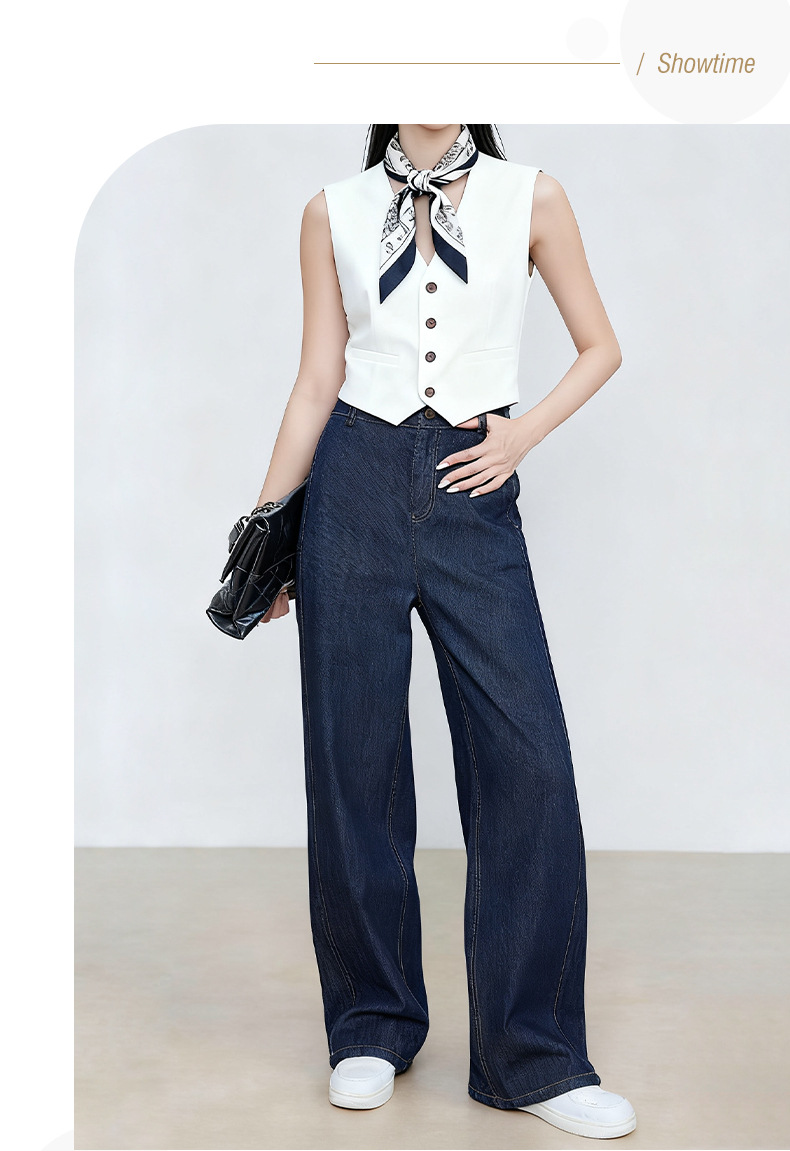 Quần jean ống rộng Xinge denim xanh chống phai màu, lưng cao, dáng suông dài đến sàn — màu xanh denim chi tiết 4