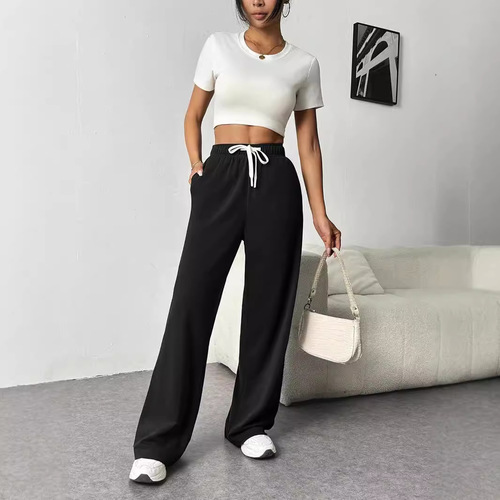 2025 Amazon Cross-border Spring Summer Women's Wide Leg Sports Pants High-waisted Loose Casual Drawstring Fitness Pants with Pockets
