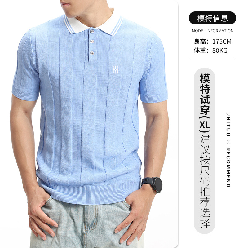 Europa y América transfronterizos de seda de hielo hombre con solapa de punto polo camiseta de verano vieja camiseta de negocios de hombre bordado mangas cortas