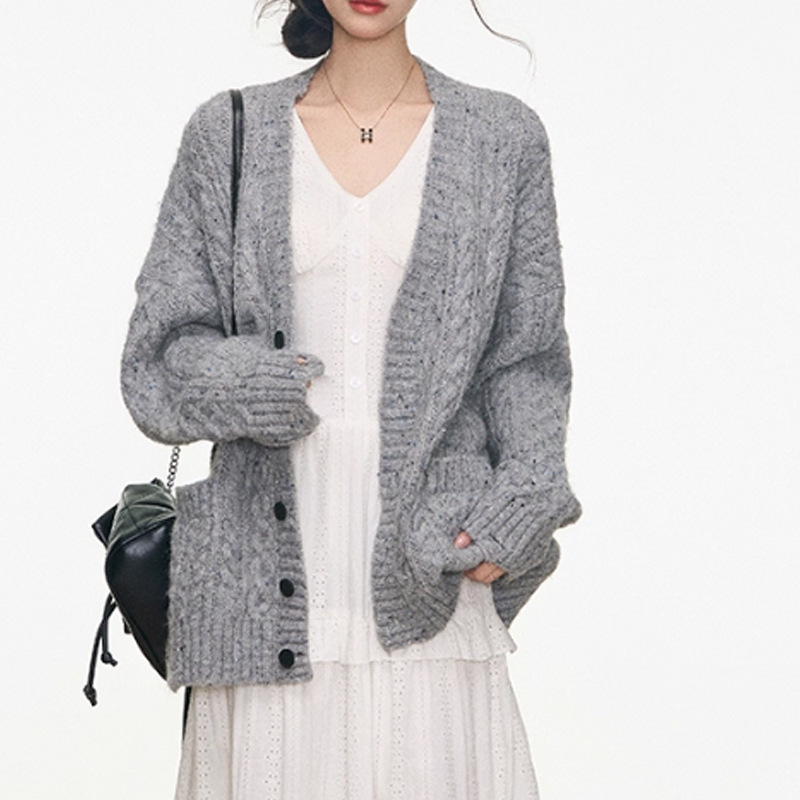 2025秋季新款宽松彩点毛衣开衫外套女灰色慵懒风宽松大版毛衣女装|undefined