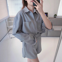 alo新款休闲条纹长袖衬衫短裤套装女百搭宽松显瘦简约优雅慵懒风