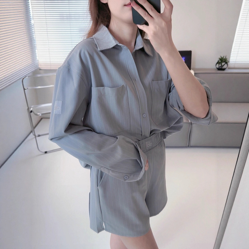 alo新款休闲条纹长袖衬衫短裤套装女百搭宽松显瘦简约优雅慵懒风|undefined