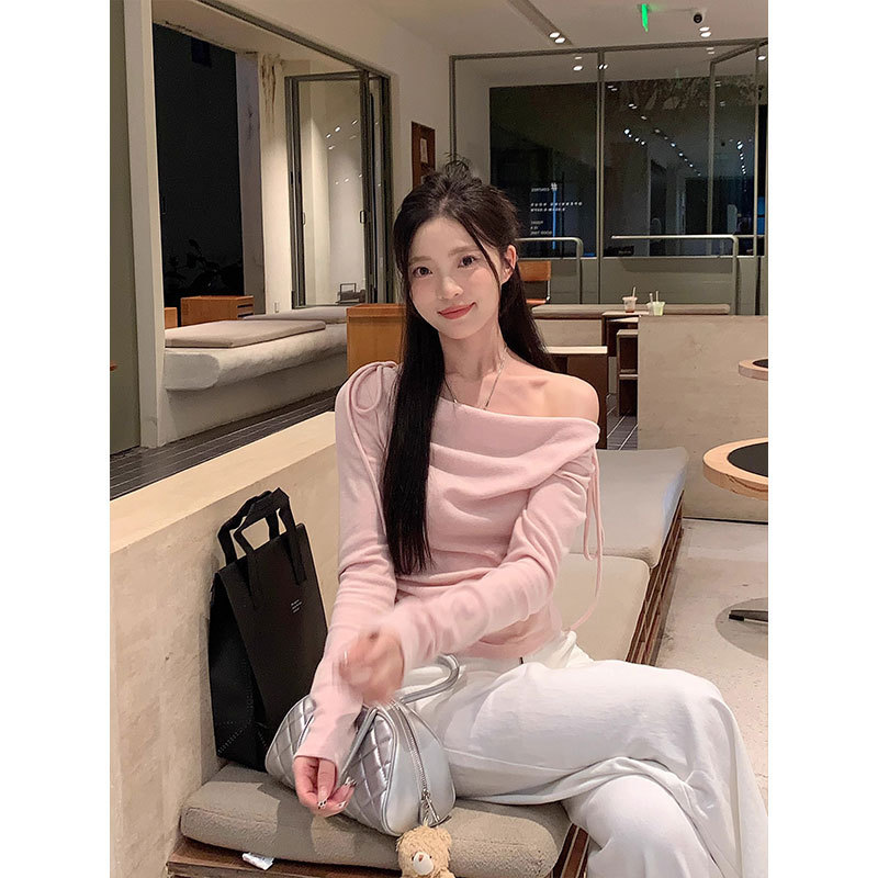 Morning Collar Bow Lace-up Slim-fit Slimming Long-sleeved T-shirt Women's Autumn New Elegant Elegant All-match Pink Top Morning Collar Bow Lace-up Slim-fit Slimming Long-sleeved T-shirt Women's Autumn New Elegant Elegant All-match Pink Top