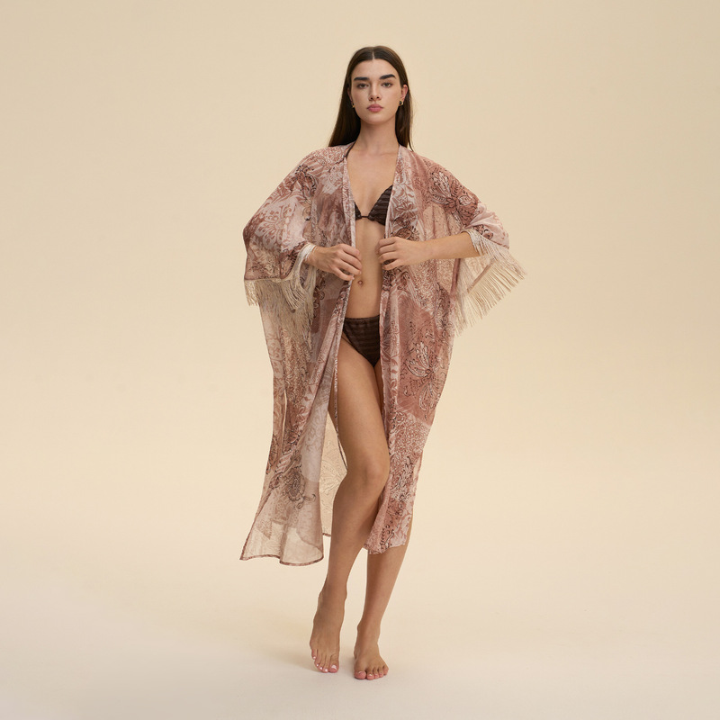 Cross-Border Amazon European and American Summer Chiffon Pajamas Women's Beach Cover-Up Nightgown Outer Robe Can Be Worn Outside the Robe Zp3940