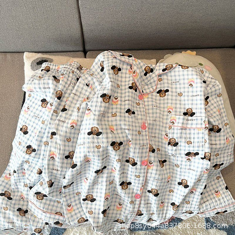 Dolce niña encantadora caricatura perro impresión pijama mujer primavera y otoño nuevo suelto pantalones largos de mangas largas set de ropa para el hogar