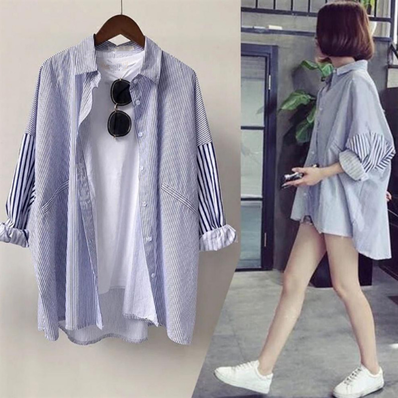 Autumn Striped Shirt Women's Midi Long Sleeve Large Size Student All-match Loose Korean Style Boyfriend Style Coat Village Clothes Autumn Striped Shirt Women's Midi Long Sleeve Large Size Student All-match Loose Korean Style Boyfriend Style Coat Village Clothes