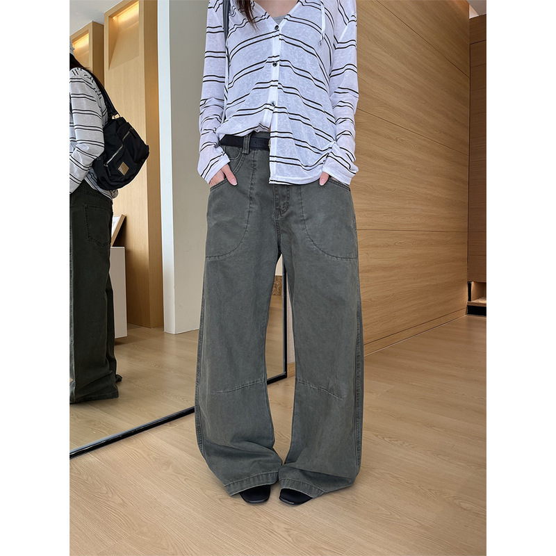 Yuyi Navy Green Distressed Wide-Leg Jeans Vintage Large Pocket Workwear Style Floor-Length Draped Trousers CXM3056 Yuyi Navy Green Distressed Wide-Leg Jeans Vintage Large Pocket Workwear Style Floor-Length Draped Trousers CXM3056