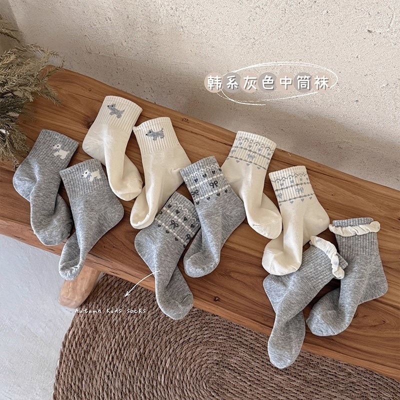 女童袜子春秋季儿童韩版卡通小狗中筒袜秋天女孩无骨蝴蝶结棉袜|undefined
