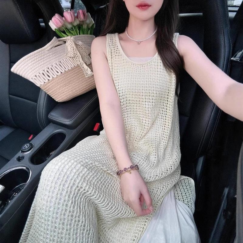 Hollow Knitted Sweater Women's Summer Suspender Dress Seaside Resort Style Outer Wear Slit Design Sleeveless Vest Dress Hollow Knitted Sweater Women's Summer Suspender Dress Seaside Resort Style Outer Wear Slit Design Sleeveless Vest Dress