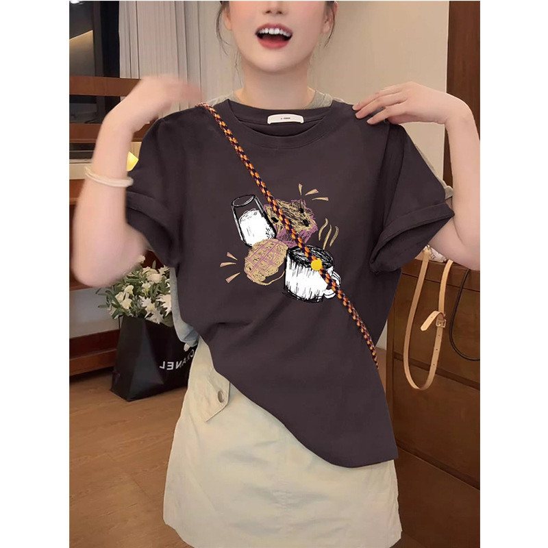 Regular basic style women's short-sleeve T-shirt for summer, made of pure cotton, with a round neck, versatile for casual and commuting wear, in coffee color Regular basic style women's short-sleeve T-shirt for summer, made of pure cotton, with a round neck, versatile for casual and commuting wear, in coffee color