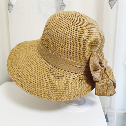 Summer bow sun hat Korean style large brim straw hat trendy wide brim folding summer sun hat women's sun protection beach hat