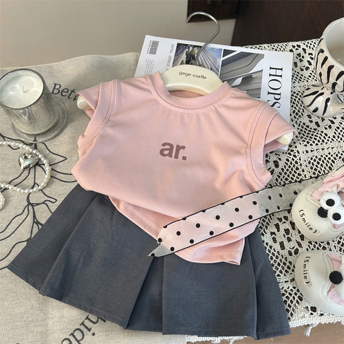 Korean children's clothing 2024 new summer girl's letter print T-shirt and baby girl stylish pleated skirt pants two-piece set