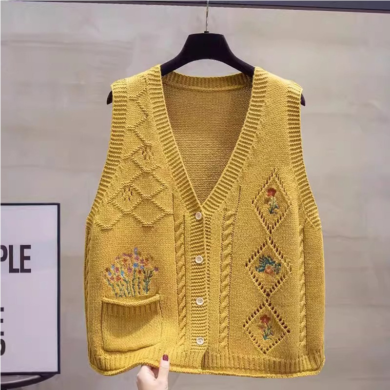 New Spring/Autumn Knitted Chic Hollow-Out Embroidered Vest for Women, Loose Fit, Versatile Cardigan, Artistic Retro Style