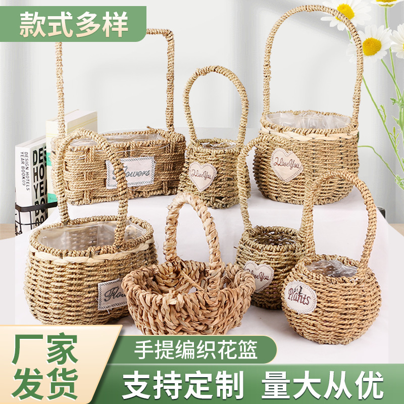 Cesta de Flores Tejida a Mano de Hierba Natural, Decorativa, para Arreglos Florales y Fiestas